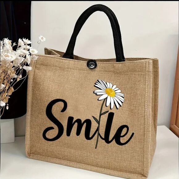 Trendy Tote Bag Smile Print Large Capacity Fashion Shoulder Bag Jute Fabric - Picture 1 of 5